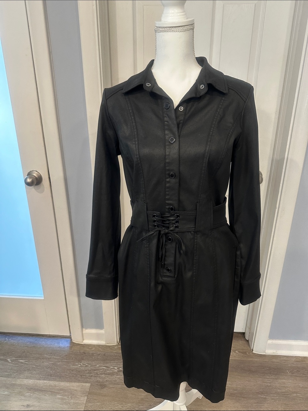 White House Black Market Black Faux-Leather Shirt Dress